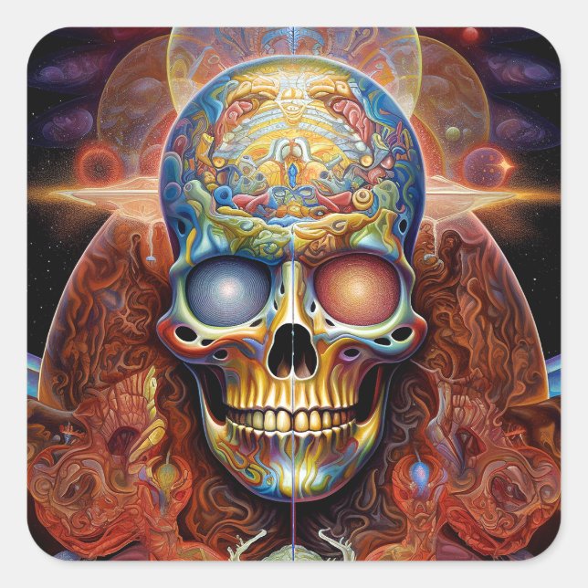 Surreal Skull Colourful Visionary Art Square Sticker (Front)