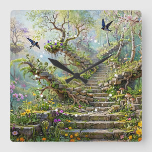 Surreal Springtime Stairway Swallows Wildflowers Square Wall Clock