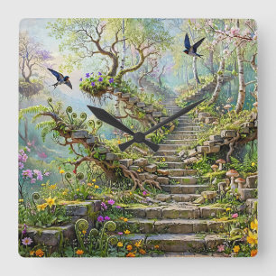 Surreal Springtime Stairway Swallows Wildflowers Square Wall Clock
