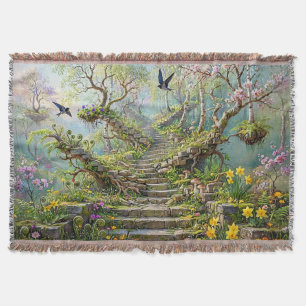 Surreal Springtime Stairway Swallows Wildflowers Throw Blanket