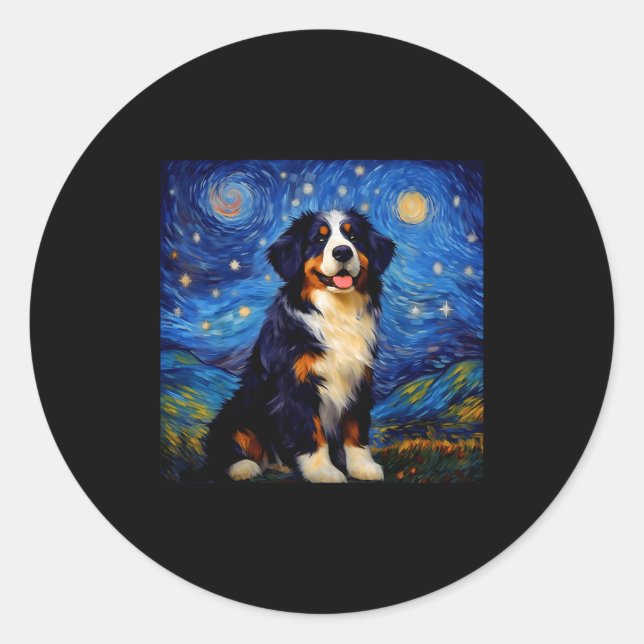 Surreal Starry Night Bernese Mountain Dog  Classic Round Sticker (Front)