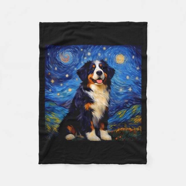 Surreal Starry Night Bernese Mountain Dog  Fleece Blanket (Front)