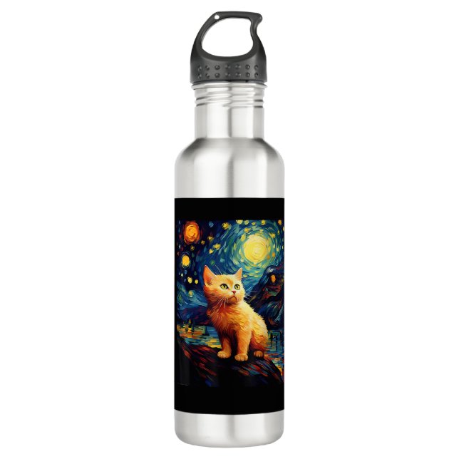 Surreal Starry Night Munchkin Cat 710 Ml Water Bottle (Front)