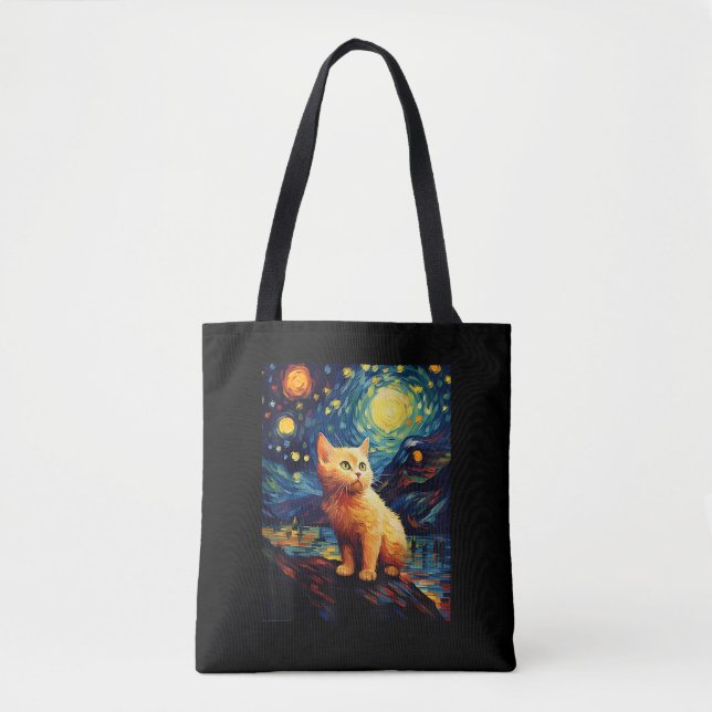 Surreal Starry Night Munchkin Cat Tote Bag (Front)