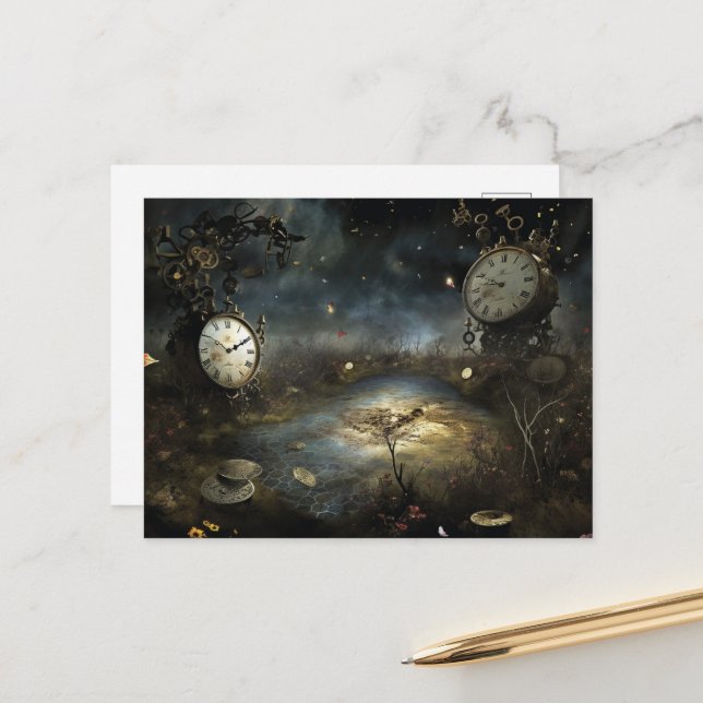 Surreal Steampunk Clock Swamp Postcard (Front/Back In Situ)