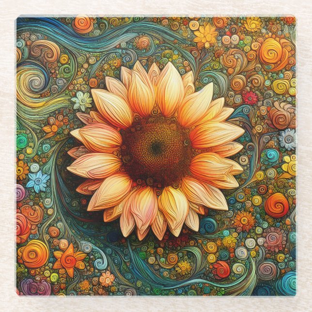 Surreal Sunflower Symphony Glass Coaster (Front)