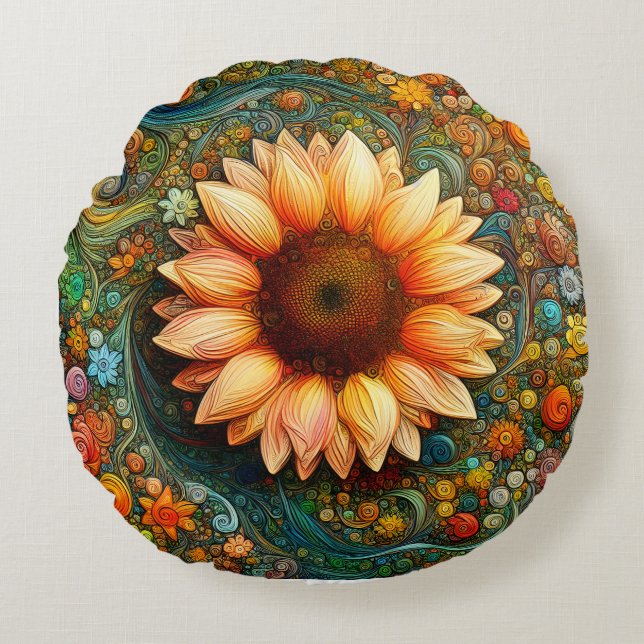 Surreal Sunflower Symphony Round Cushion (Front)