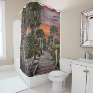Surreal Sunset Beach Boardwalk Shower Curtain