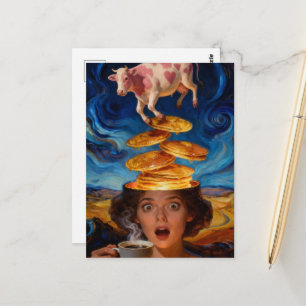 Surreal Surprised Breakfast Pancakes Coffee Cow Postcard
