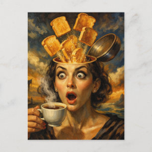 Surreal Surprised Breakfast Toast Coffee Woman  Postcard