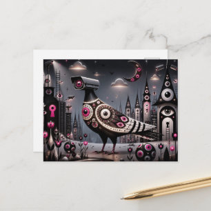 surreal surveillance camera pigeon in city postcard