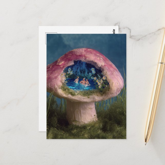 Surreal Swimming Pool in a Pink Mushroom Postcard (Front/Back In Situ)