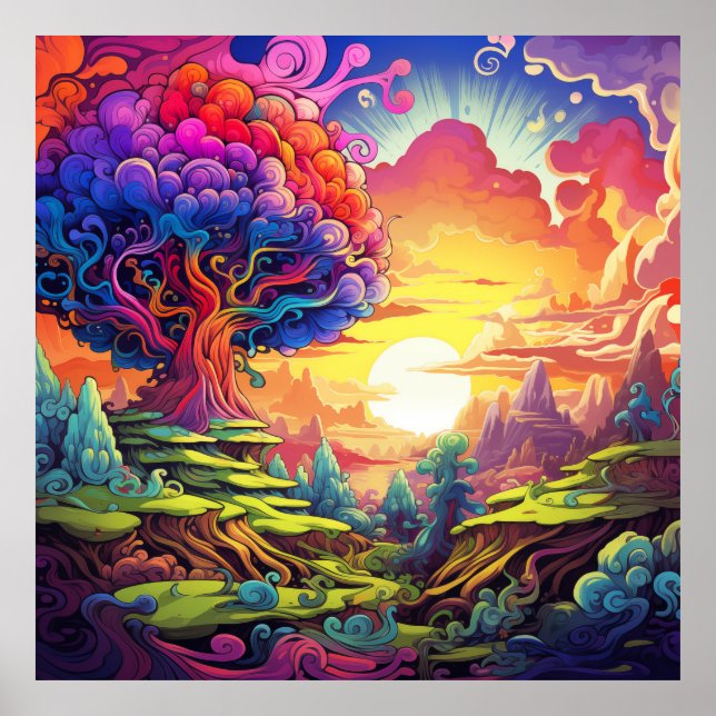 Surreal Symphony: Psychedelic Hillside Sunset Poster (Front)