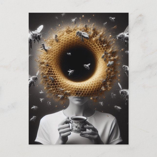 Surreal Tea Time Bees Honeycomb Black Hole Head Postcard (Front)