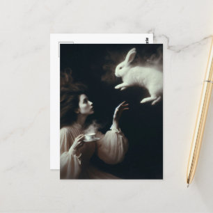 Surreal Tea With the White Bunny Black and White Postcard