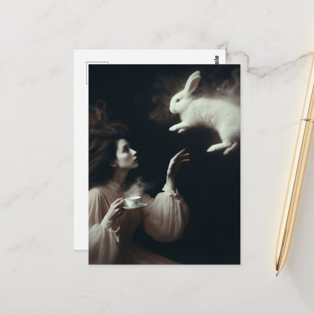 Surreal Tea With the White Bunny Black and White  Postcard (Front/Back In Situ)
