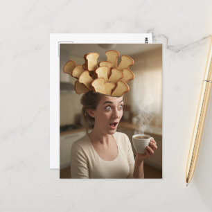 Surreal Toast Head Breakfast Woman With Coffee Postcard