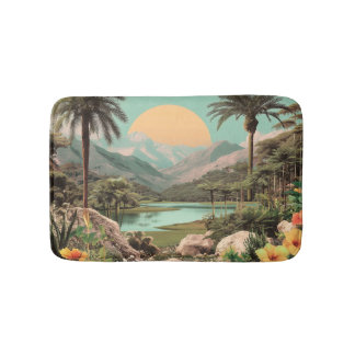 Surreal Tropical Lake With Palm Trees Bath Mat