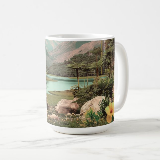 Surreal Tropical Lake With Palm Trees Coffee Mug (Front Right)