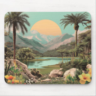 Surreal Tropical Lake With Palm Trees Mouse Pad