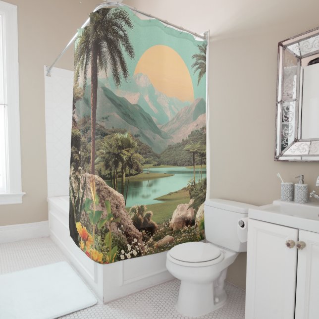 Surreal Tropical Lake With Palm Trees Shower Curtain (In Situ)