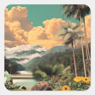 Surreal Tropical Valley With Palm Trees Square Sticker