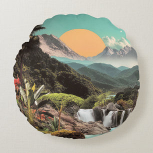 Surreal Tropical Valley With Waterfalls Round Cushion
