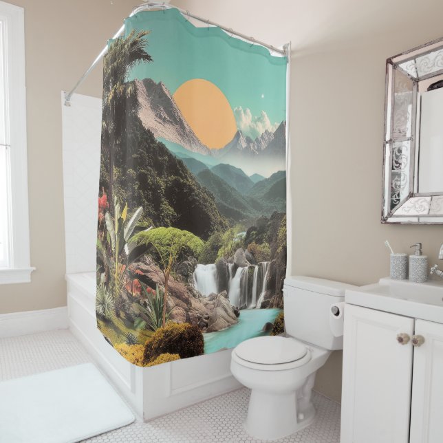 Surreal Tropical Valley With Waterfalls Shower Curtain (In Situ)