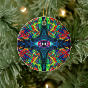 Surreal Twisted Trippy Eye Visionary Oil Painting Ceramic Tree Decoration