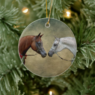 Surreal two horses painting. ceramic ornament