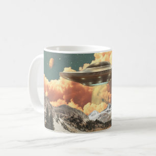 Surreal UFO Above Mountain Lake with Planets Coffee Mug