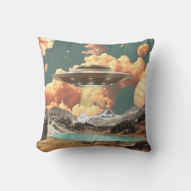Surreal UFO Above Mountain Lake with Planets Cushion (Front)