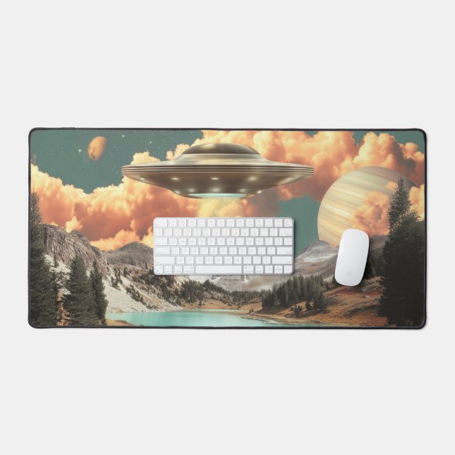 Surreal UFO Above Mountain Lake with Planets Desk Mat (Keyboard & Mouse)