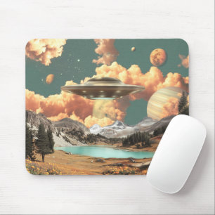 Surreal UFO Above Mountain Lake with Planets Mouse Pad