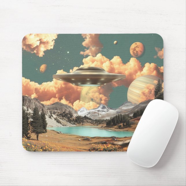 Surreal UFO Above Mountain Lake with Planets Mouse Pad (With Mouse)