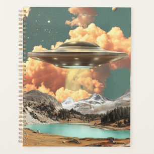 Surreal UFO Above Mountain Lake with Planets Planner