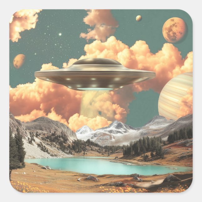 Surreal UFO Above Mountain Lake with Planets Square Sticker (Front)