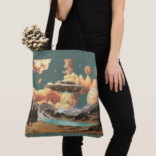 Surreal UFO Above Mountain Lake with Planets Tote Bag