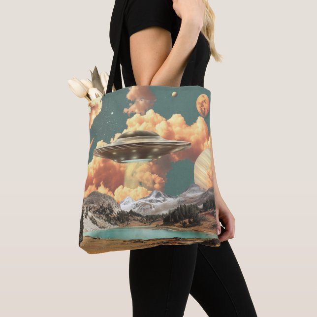 Surreal UFO Above Mountain Lake with Planets Tote Bag (Close Up)