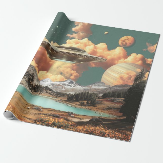 Surreal UFO Above Mountain Lake with Planets Wrapping Paper (Unrolled)
