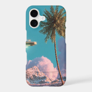 Surreal UFO and Palm Tree Mountain Scene