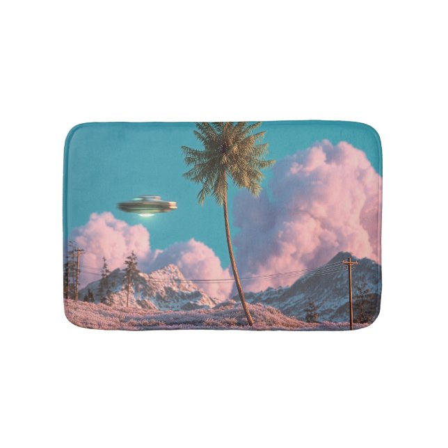 Surreal UFO and Palm Tree Mountain Scene Bath Mat (Front)
