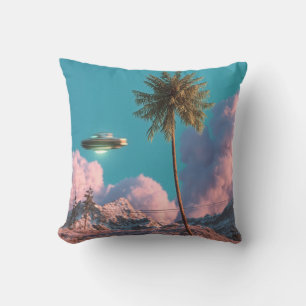 Surreal UFO and Palm Tree Mountain Scene Cushion