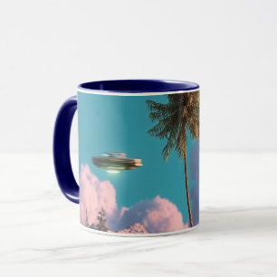 Surreal UFO and Palm Tree Mountain Scene Mug