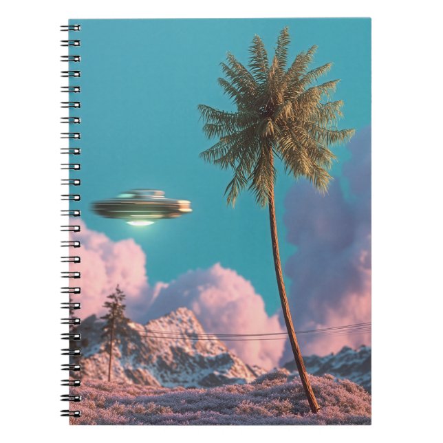 Surreal UFO and Palm Tree Mountain Scene Notebook (Front)