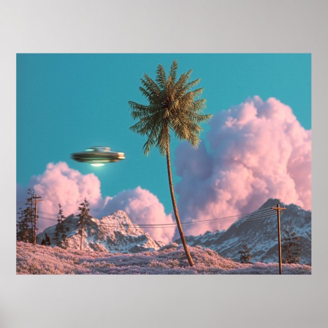 Surreal UFO and Palm Tree Mountain Scene Poster (Front)