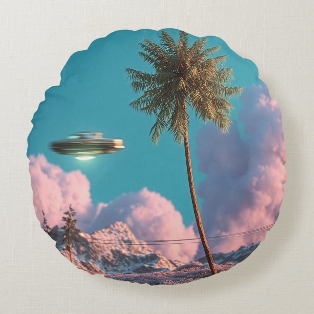Surreal UFO and Palm Tree Mountain Scene Round Cushion (Front)