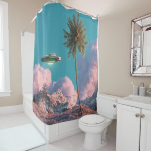 Surreal UFO and Palm Tree Mountain Scene Shower Curtain