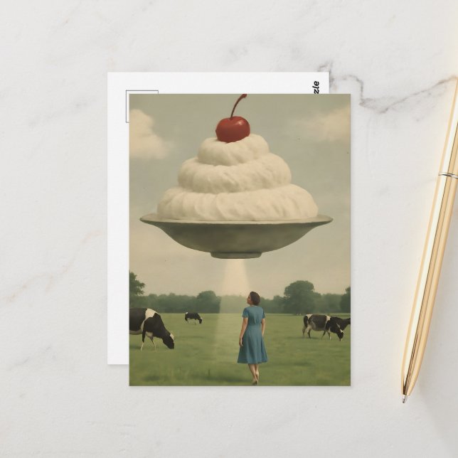 Surreal UFO Dessert in a Dairy Pasture Postcard (Front/Back In Situ)