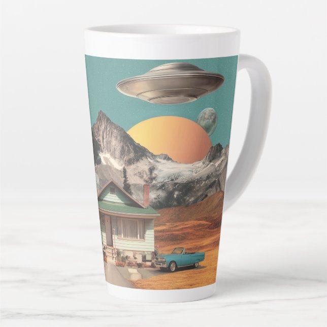 Surreal UFO Over Rustic House Latte Mug (Right Angle)